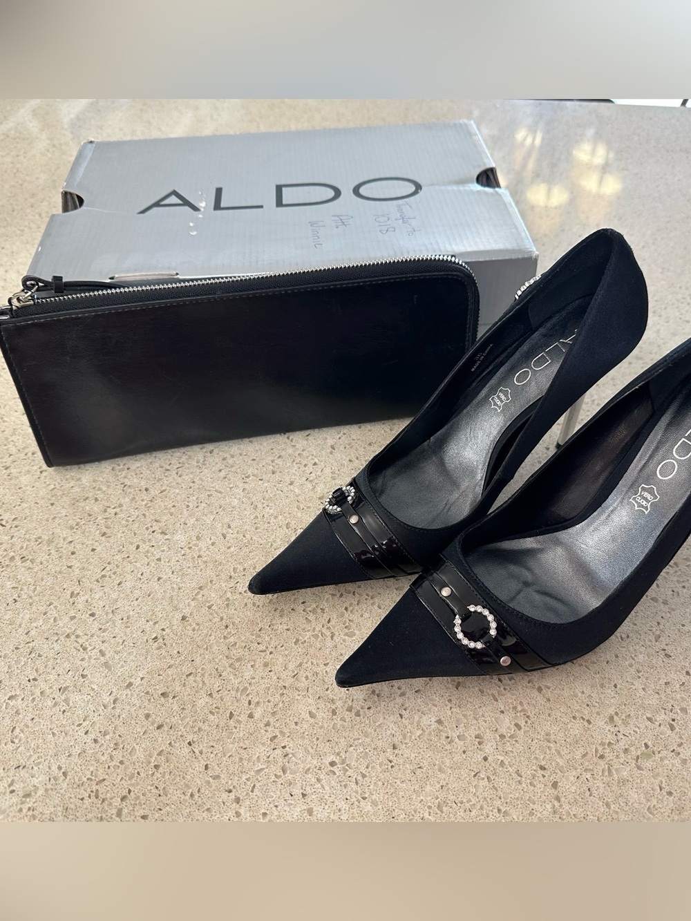 ALDO Black Pointed Toe Rhinestone-Embellished Pumps with matching clutch